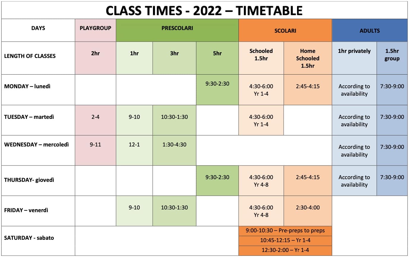 Bella Lingua - Italian for Kids - Timetable 2022 - revised 15-04-22