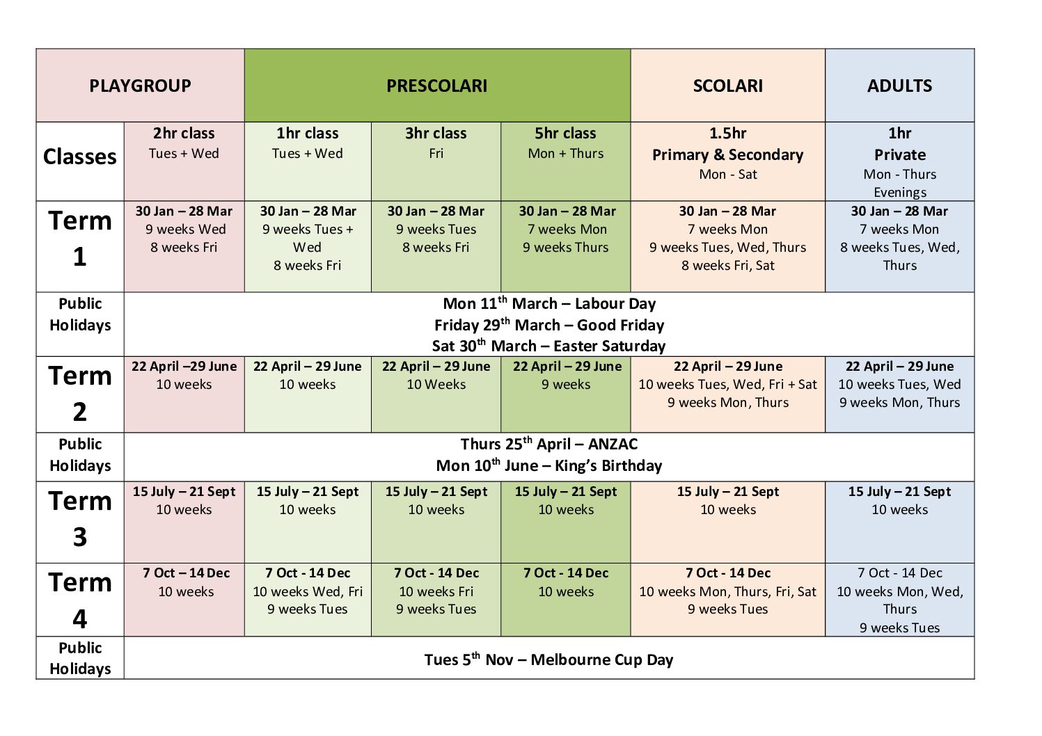 Timetable - Term Dates 2024 pdf - Bella Lingua - Italian for Kids
