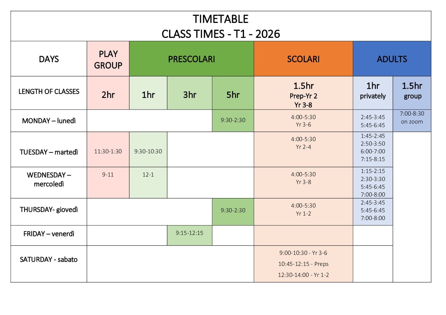 Timetable - 2026 Class Times Timetable 3 pdf - Bella Lingua - Italian for Kids