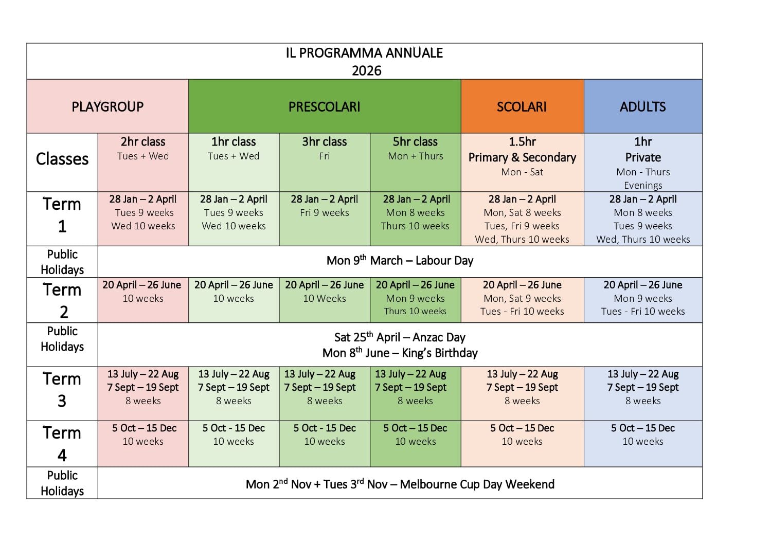 Timetable - 2026 Yearly Timetable 4 pdf - Bella Lingua - Italian for Kids